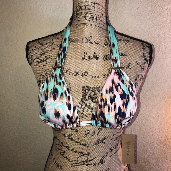Cremieux Animal Print Pink & Aqua Bikini Top with Removable Cups Size Small - Picture 1 of 5